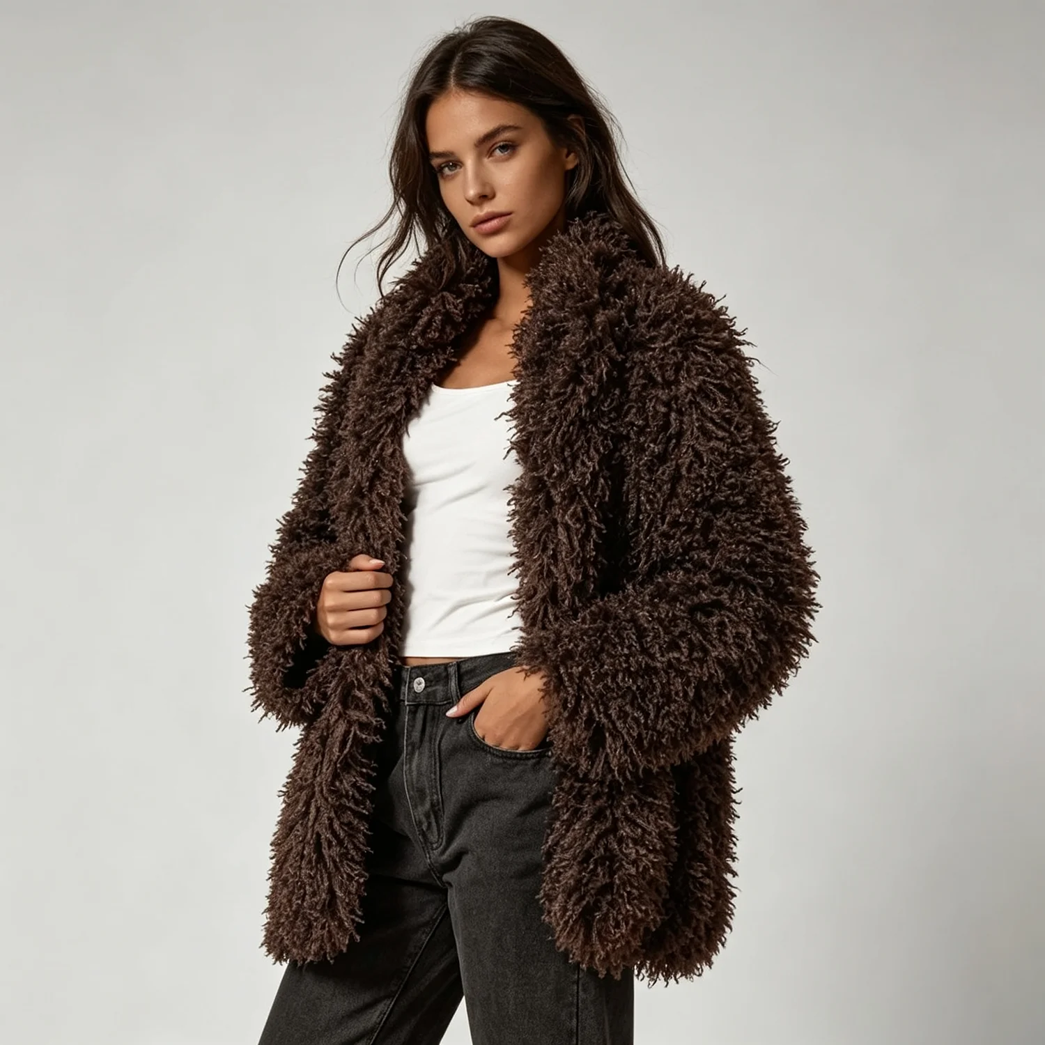 IG  2026 Women Shaggy Faux Fur Coat Open Front Loose Fluffy Long Sleeve Warm Casual Winter Outerwear Jacket