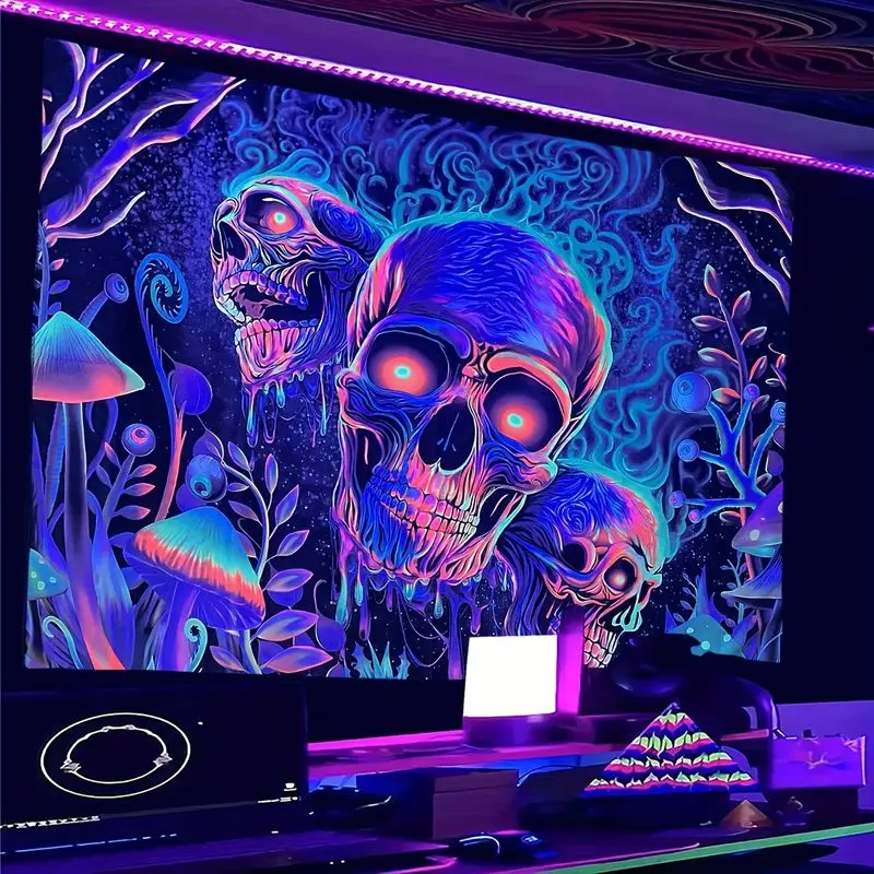 VIKAMA Trippy Neon Gradient Skeleton Psychedelic Mushroom Tapestry, Groovy Wall Hanging for Bedroom Living Room Dorm