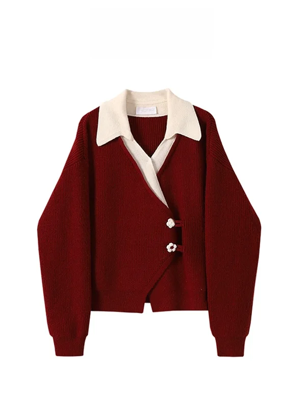 

Красный вязаный свитер, свободный дизайн, ощущение, антивозрастной топ на пуговицах с маленьким цветком, женский сладкий длинный свитер...