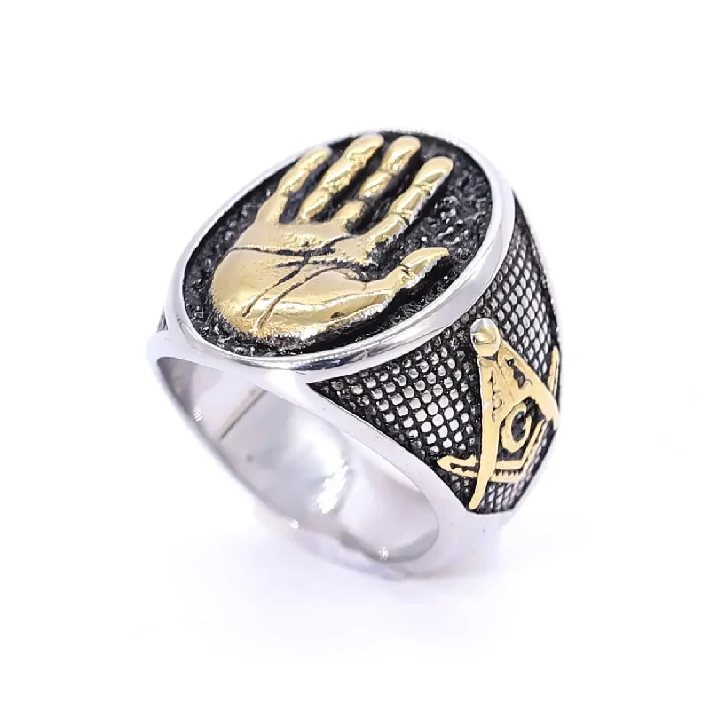 

Masonic Stainless Steel Hand Palm Ring Buddha Palm Freemasonry High Five 14k Gold Biker Punk Hip Hop Street Wear Ring Jewelry
