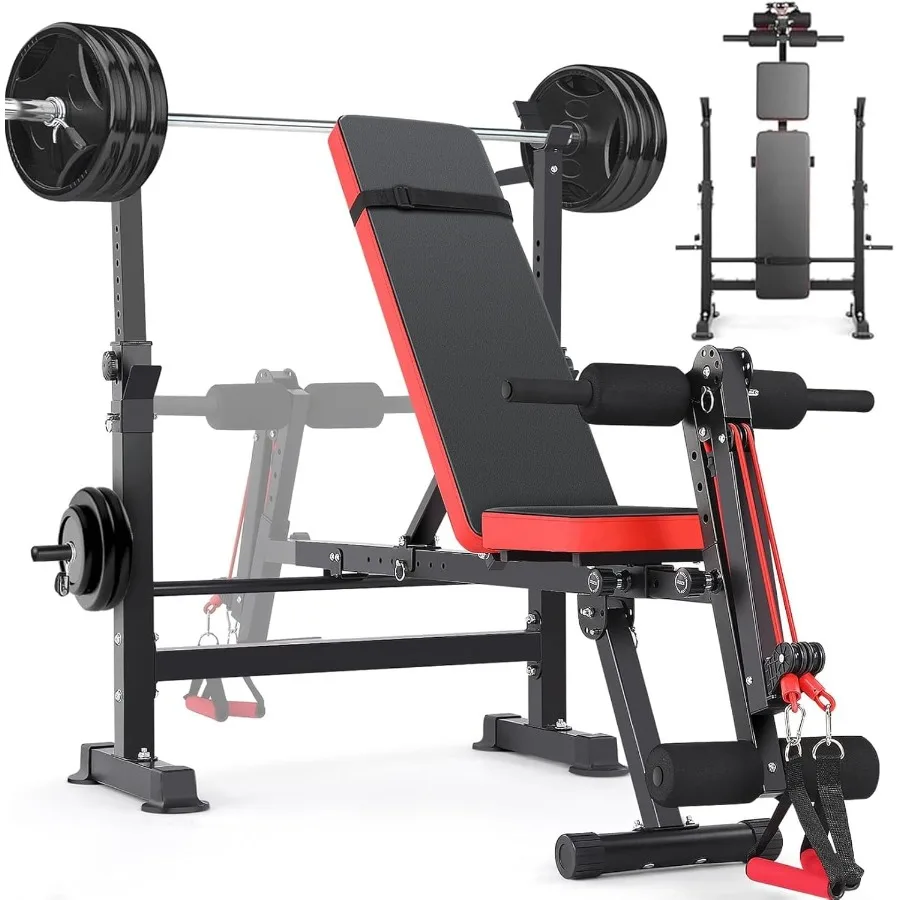 900 LBS Weight Bench Set with Squat Rack Adjustable Flat/Incline/Decline Bench Press Set with Leg Extension and Leg Curl Foldab
