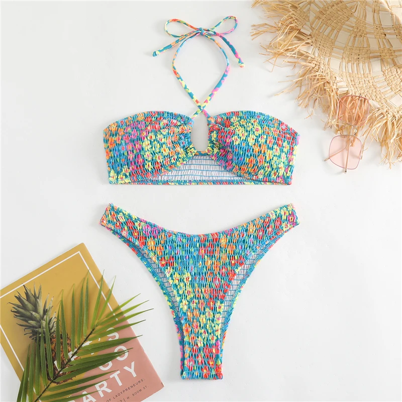 Bikini con estampado Floral para mujer, traje de baño con pliegues, ropa de playa con realce, Sexy, 2024