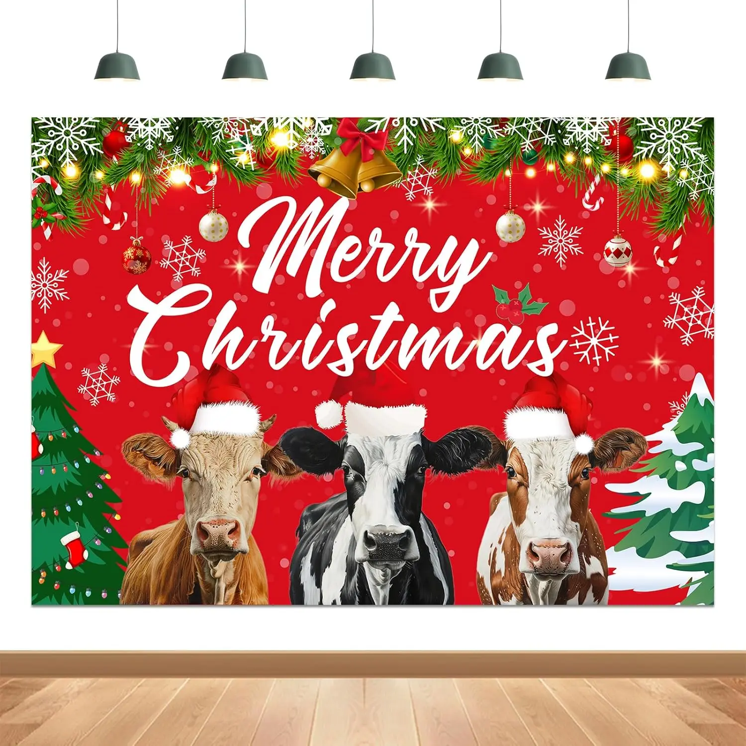 Funmemoir 3 X 5ft Red Christmas Cow Backdrop Merry Christmas Cattle Printed Background for Boys Girls Xmas Party Outdoor Indoor