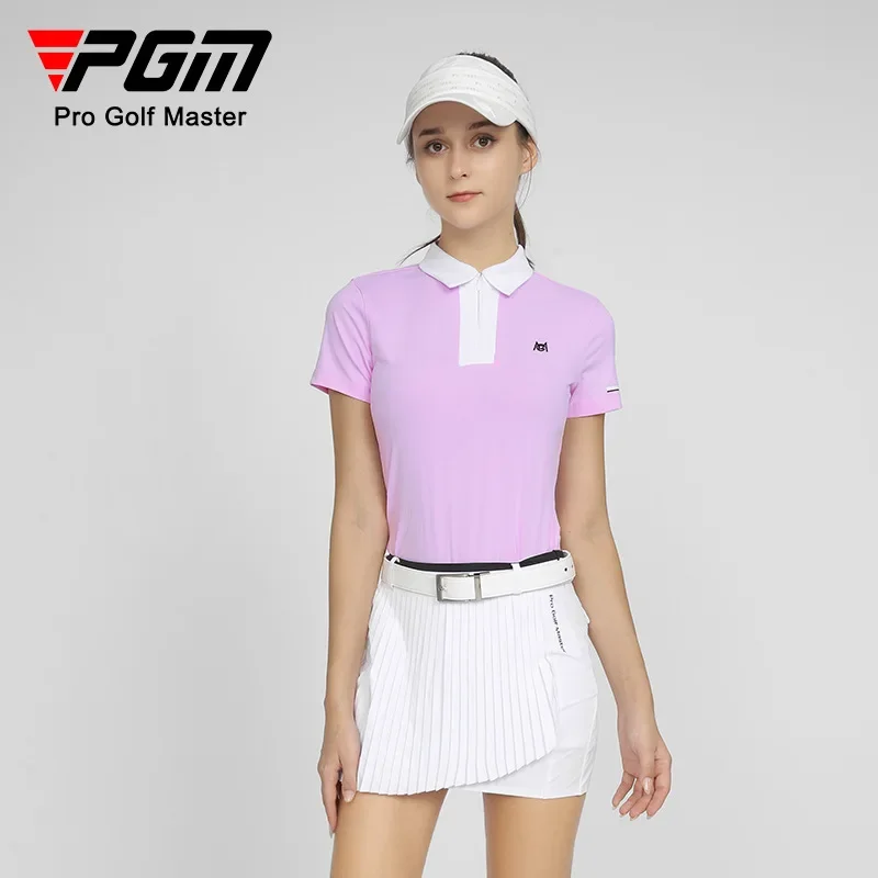 

PGM Golf Apparel, женский спортивный топ, футболка с короткими рукавами, воротник на молнии, эластичная быстросохнущая женская одежда