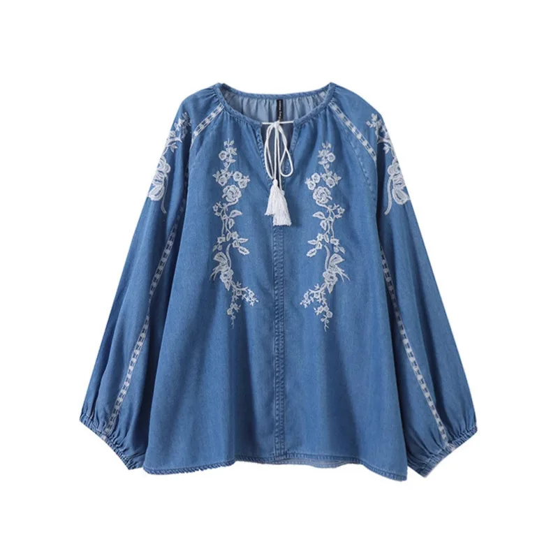 Frauen Denim Bluse Top Blume Stickerei Laterne Hülse Runde Kragen Spitze Up Quasten Vintage Shirt Tops 2025, Herbst Streetwear