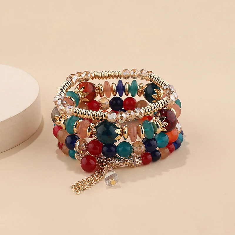 4-teiliges Armband-Set mit Quasten- und Perlenanhängern für Damen, bunte Glasperlen-Kette, Armreif, weiblicher Boho-Schmuck – Detail 9