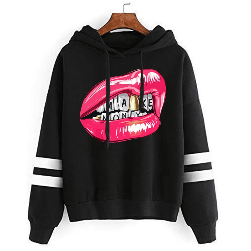 

Women Y2K Hoodies Gold Teeth: Make Money Smile Graphics High Street Sweatshirt Sexy Teen Girl Lips Long Sleeve Streetwear Tops