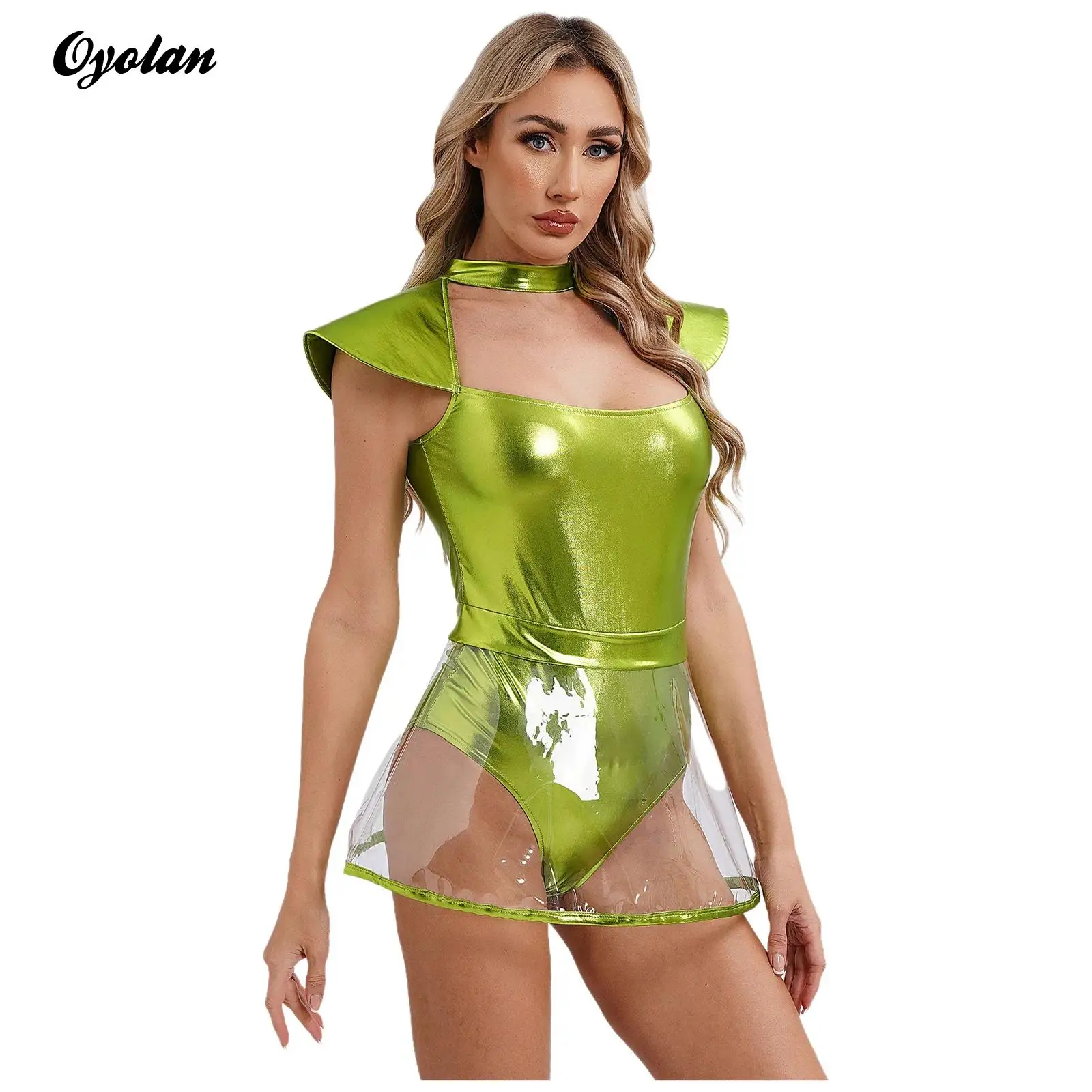 Women Halloween Robot Space Alien Astronaut Cosplay Costume Fly Sleeve Cutout Briefs Bottom with PVC Skirt Bodysuit Jumpsuit