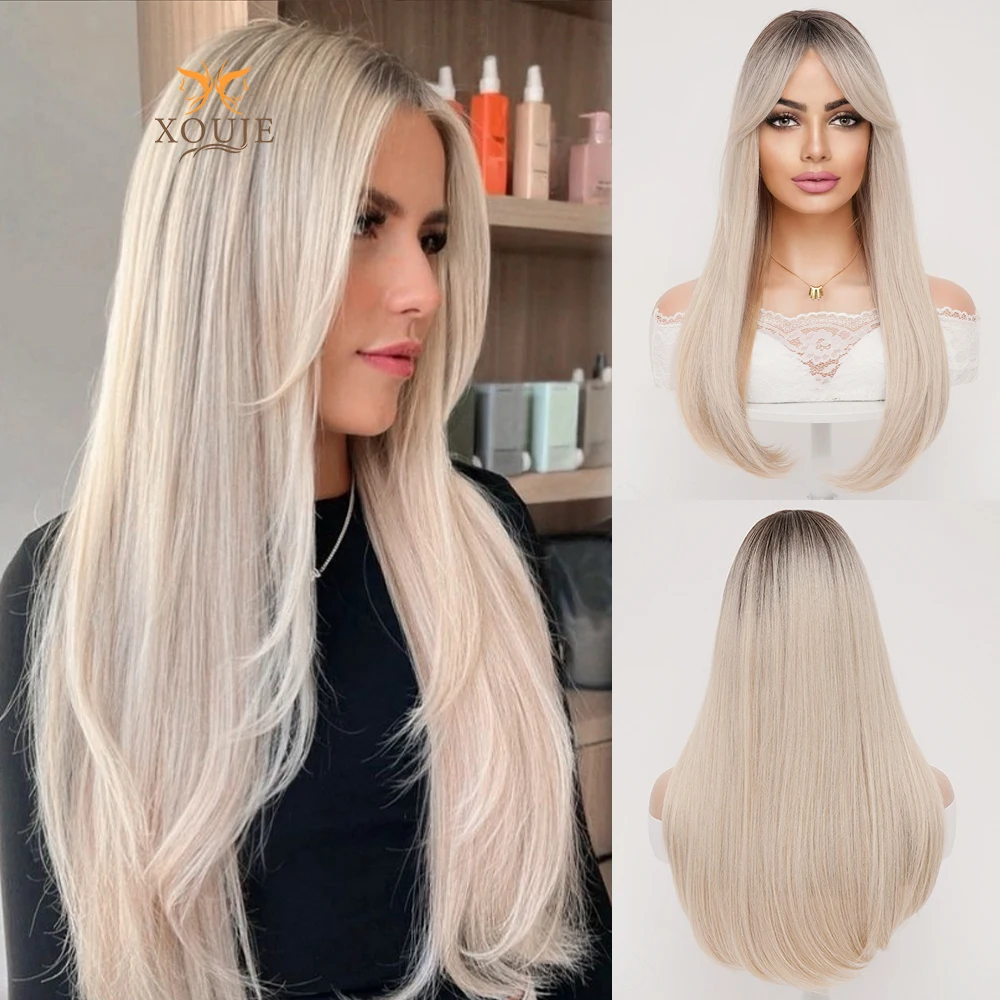 Gradient golden middle-parted bangs 24-inch long straight hair heat-resistant chemical fiber hair for women daily wear dinner pa