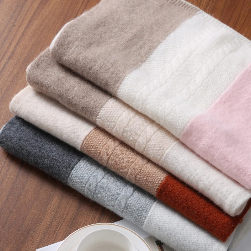 100% Merino Wool Knitted Cross Scarf Thickened Patchwork Color Warm Soft Neckerchief Windproof Korea Fashion Scarves Wraps
