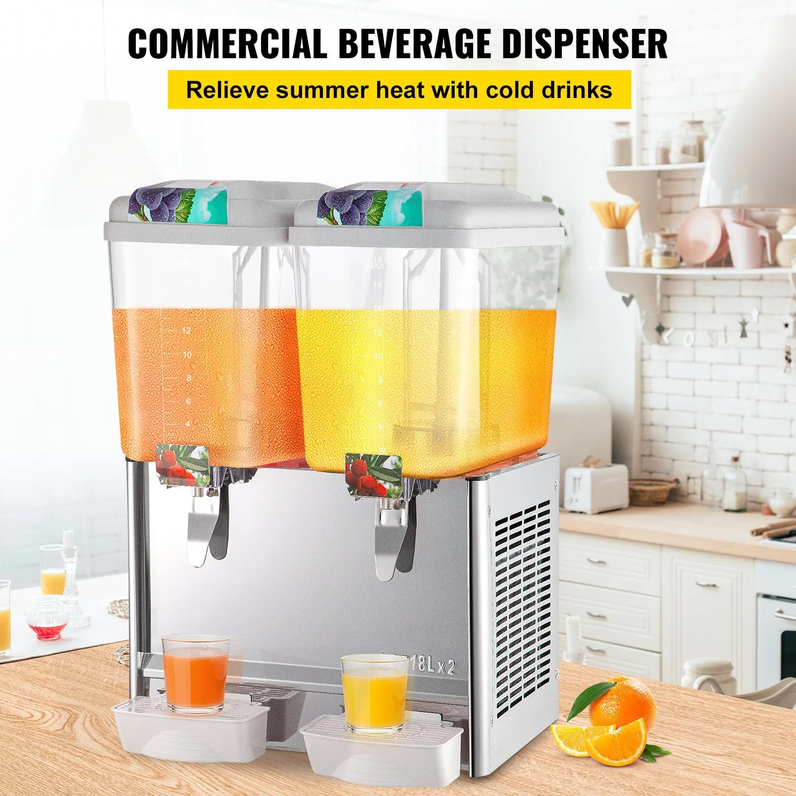 110V Commercial Beverage Dispenser; 9.5 Gallon 36L 2 Tanks Juice Dispenser Commercial; 18 Liter Per Tank 300W Stainless Steel Fo