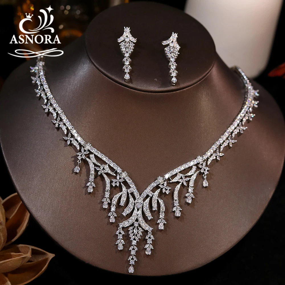 ASNORA Stylish New Cubic Zirconia 2pcs Set Glamour Silver Twig Necklace Bridal Jewelry Accessories Gifts for Girls X0327