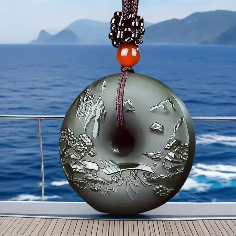 

Myanmar pure natural Mo Cui Ping An buckle landscape pendant pendant genuine high-end handmade carving collection for yourself