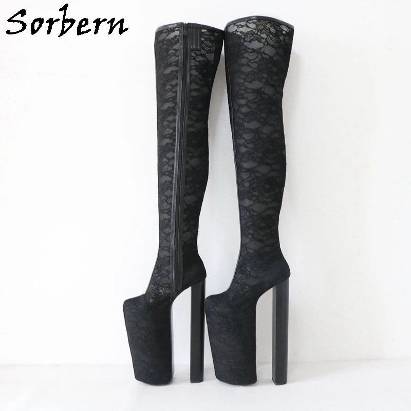 Sorbern 30Cm Block Heel Women Boots Black Lace Over The Knee Platform Shoes Custom Fetish Drag Queen Boot Cosplay Heeled