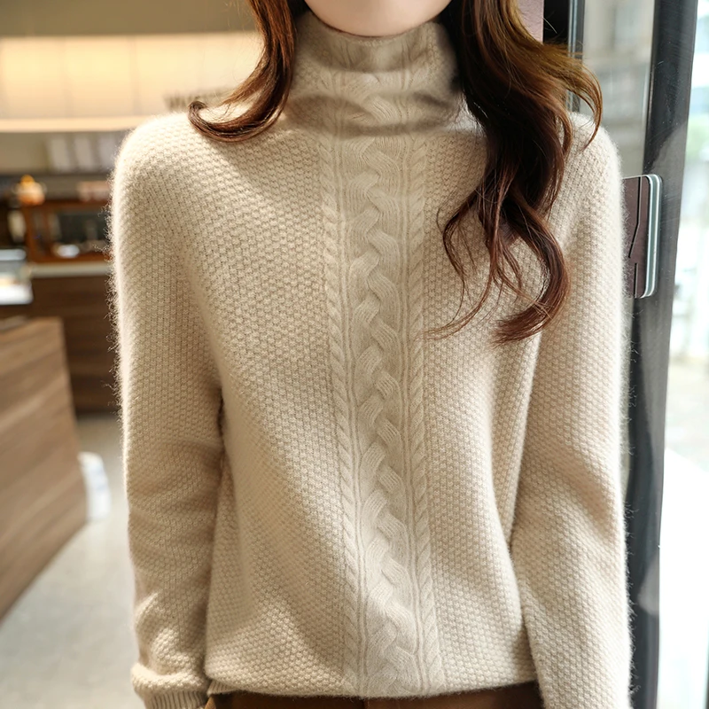 100% Wool Womens Sweaters Winter Twist Knitted Jumper Pullover Top Knitwear High-collar Sweater Female 2024