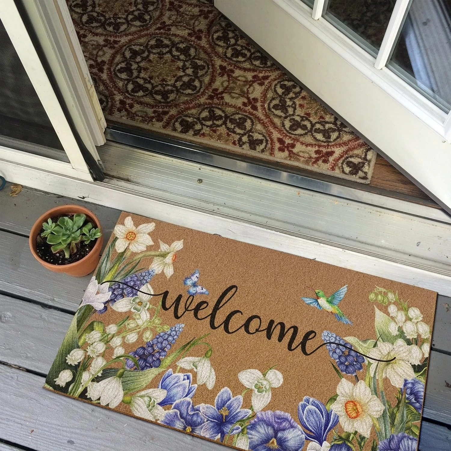 Inspirational Welcome Doormat You Are Welcome Here Positive Quote Floral Print Non Slip Washable Entryway Mat for Front Porch