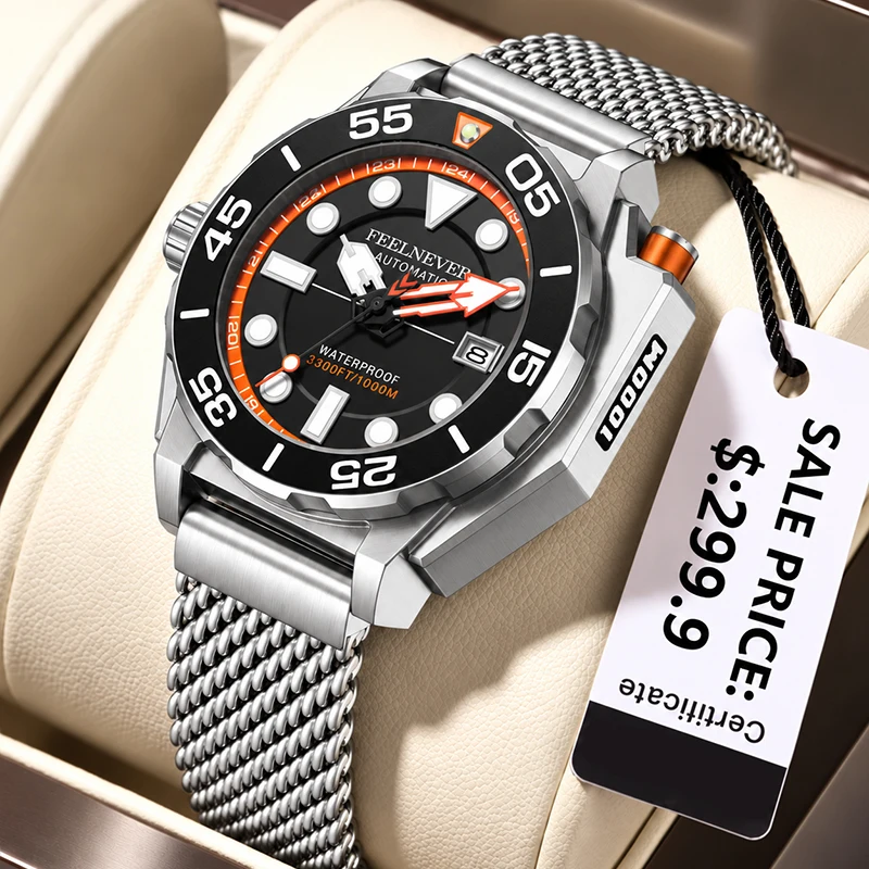 FEELNEVER New Automatic Watch for Men Luxury Stainless Steel Bracelet 1000M Waterproof Sapphire Men's Mechanical Wristwatches