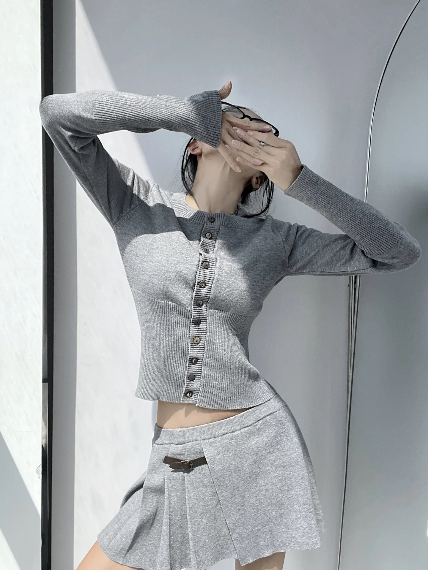 American Hot Girl Retro Slim Fit Single Button Knitted Open Cardigan  Wrap around Belted Leather Button Half Skirt Autumn...
