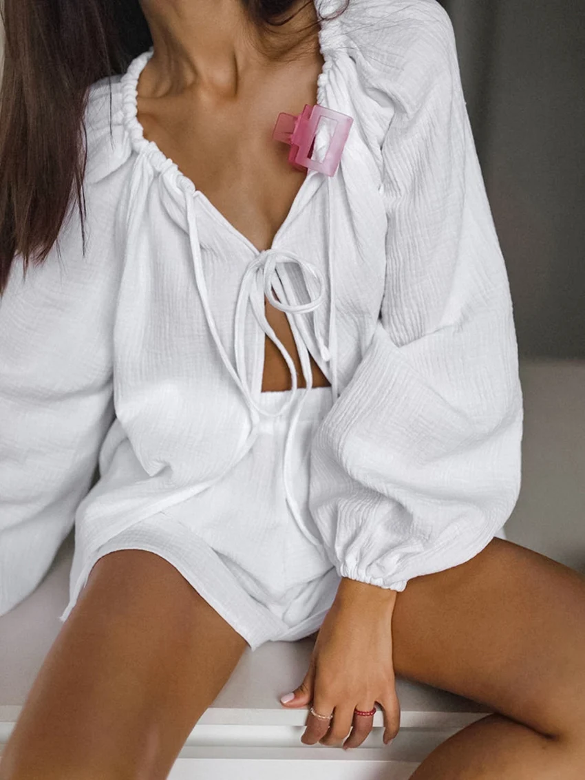 Marthaqiqi Cotton Casual Women Nightwear Set Long Sleeve Nightgown Lace Up Nightie Long Sleeve Pajamas Shorts Loose Home Clothes