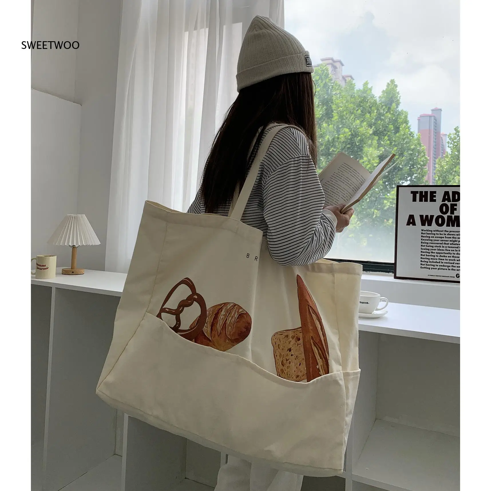 Large Canvas Tote Bag with Bread Print Design and Side Pocket Spacious Casual Shoulder Bag for Daily Use Work and Shopping 2026