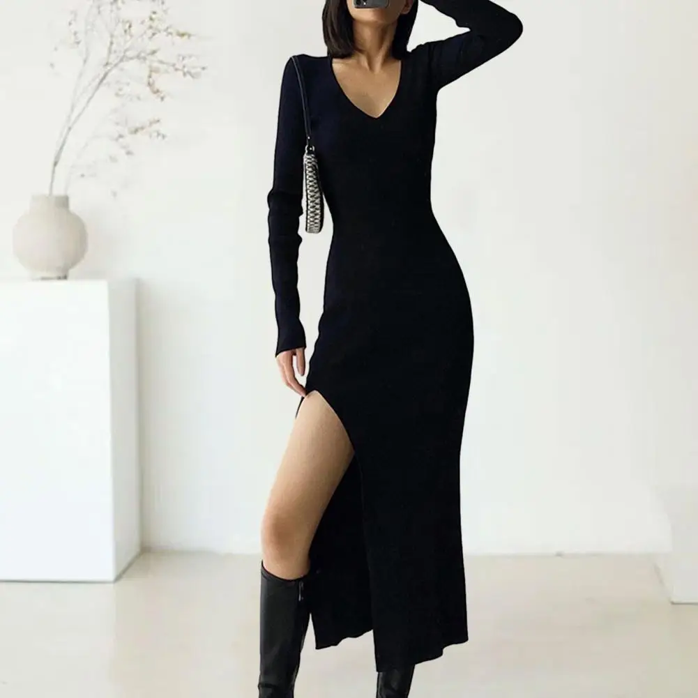 Knitted Split Dress Elegant V-neck Knitted Maxi Dress with Side Split Hem High Waist for Women Winter Autumn Slim Fit Solid