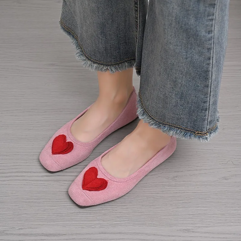 New Low Heeled Single Shoes Spring and Autumn Square Toe Shallow Mouth Love Soft Sole Non-slip Low Top Shoes