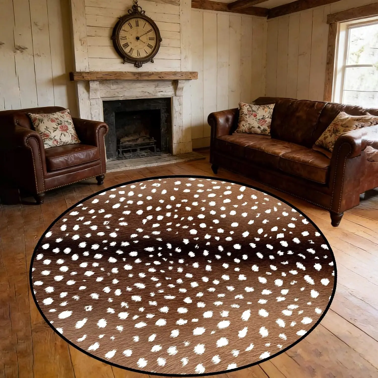 Animal Print Round Rug Brown Deer Spotted Carpet Circular Area Rug for Living Room Bedroom Rustic Country Cabin Home Decoration