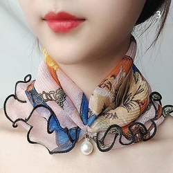 Mesh Pearl Pendant Fake Collar Elegant Printed Women False Collar Ruffle Lace Small Scarf Shiny Headware Dress Accessories