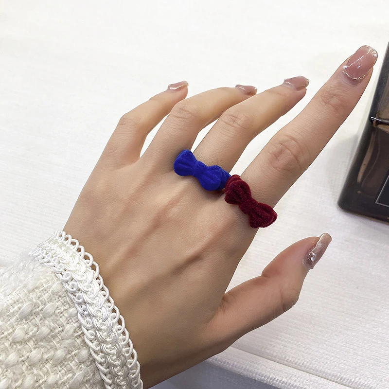 Temperament Flocking Klein Red Blue Burgundy Bow Adjustable Open Ring For Woman Jewellery Fashion Accessories
