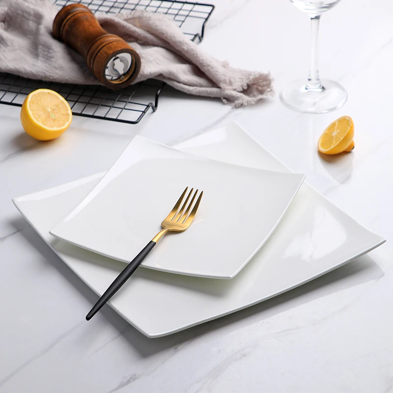 Pure White Square Bone China Steak Plate Western Plate European Creative Simple Household Flat Plate Ceramic Main Dish Tableware