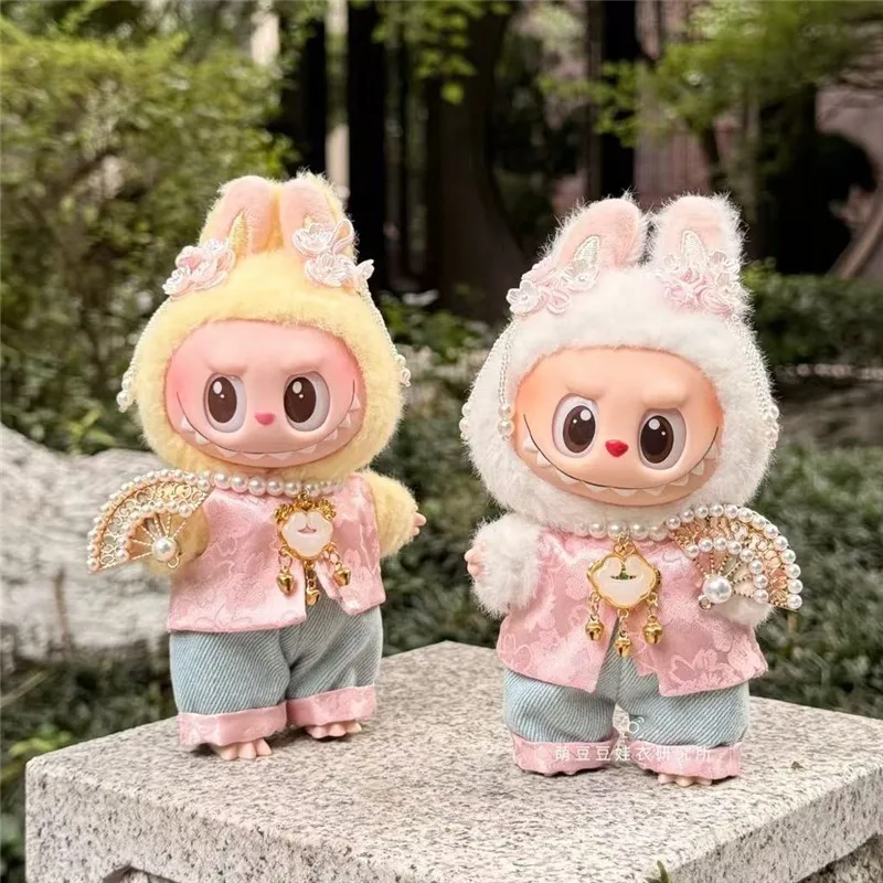 15 17cm para boneca labubu estilo chinês roupas rosa bordado roupa calças conjunto de malha pingente flor acessório de cabelo