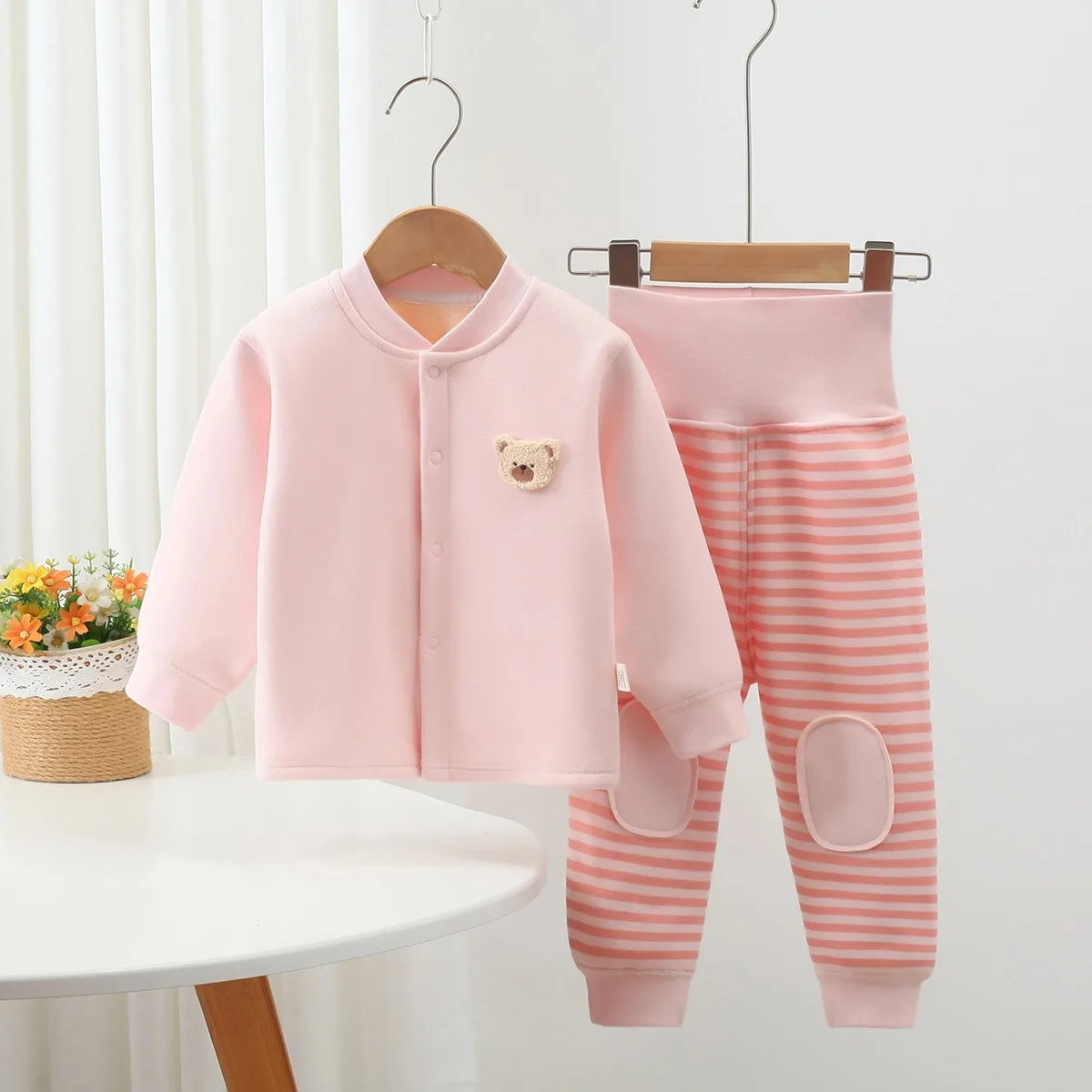 Baby Warm Underwear Set Soft Long Sleeve Top & High Waist Striped Pants Toddler Base Layer Suit 2pcs with Cute Bear Fall Winter