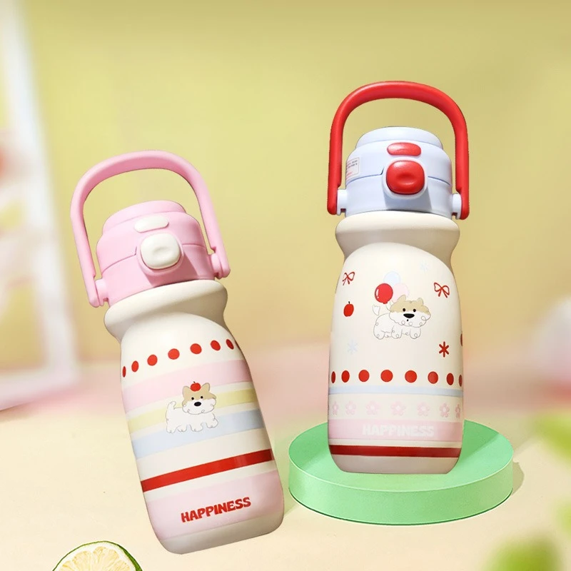 Botella de agua térmica de cereza Kawaii para niños, vaso de jugo de té y café bonito de 520ml, termo de acero inoxidable con mango de paja, regalo