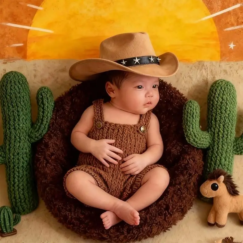 Western Cowboy Outfit with Hat for Infant Photo Comfortable and Design Washable for Convenience A2UB