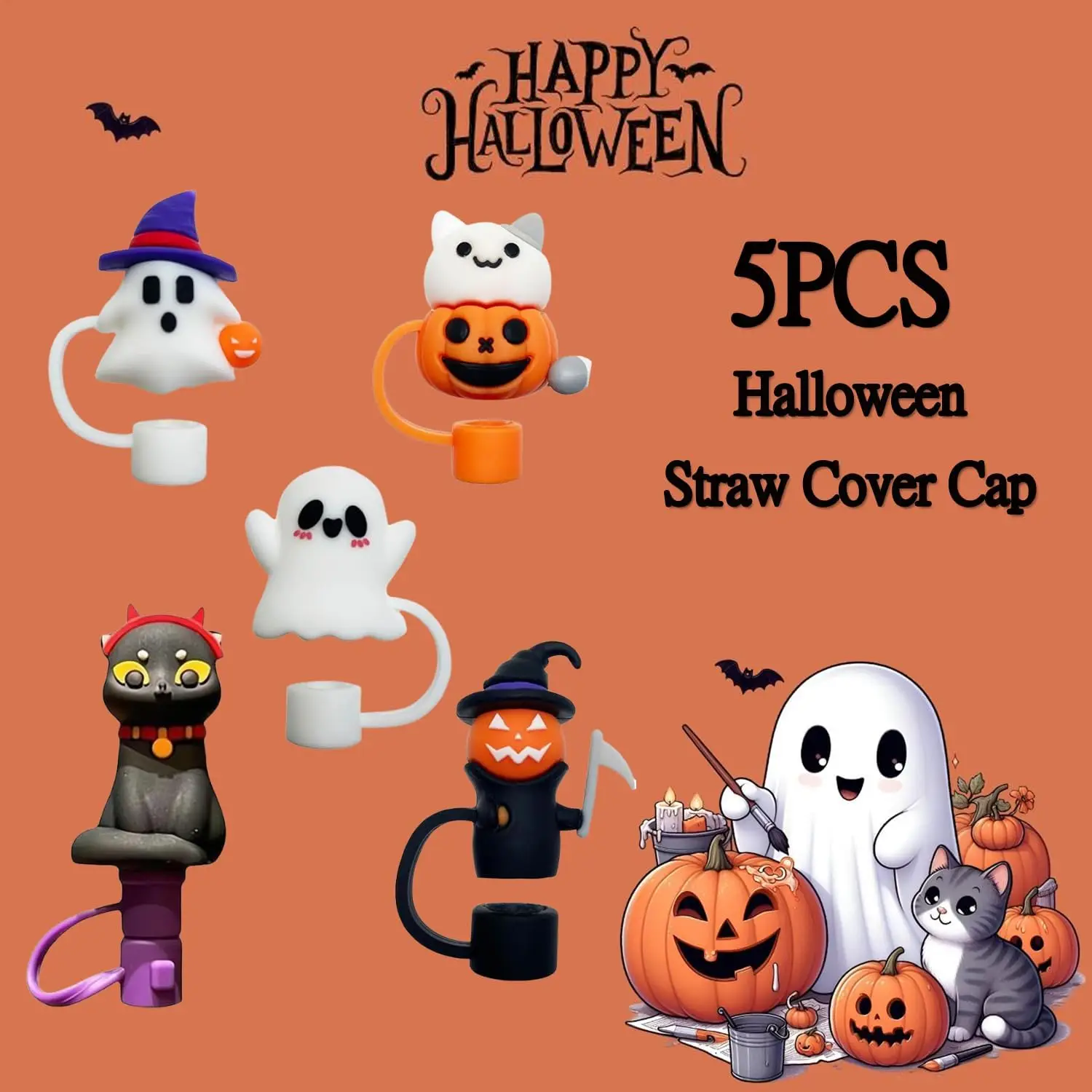 10mm New Cute Ghost Halloween Straw Topper Cover Cap For Cup,Silicone Straw Covers,Dustproof Straw Tips,Lids Cup Accessories