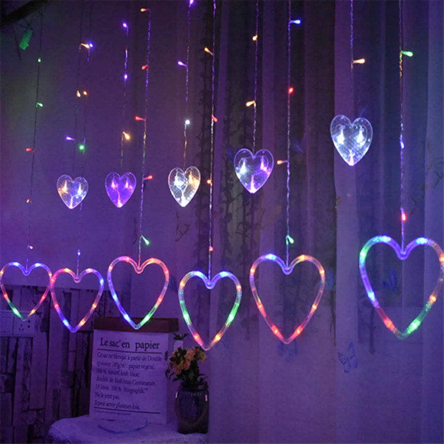 Guirnalda de luces LED románticas en forma de corazón para cortina, 8 modos, guirnalda de luces navideñas para decoración del hogar, dormitorio, fiesta de boda