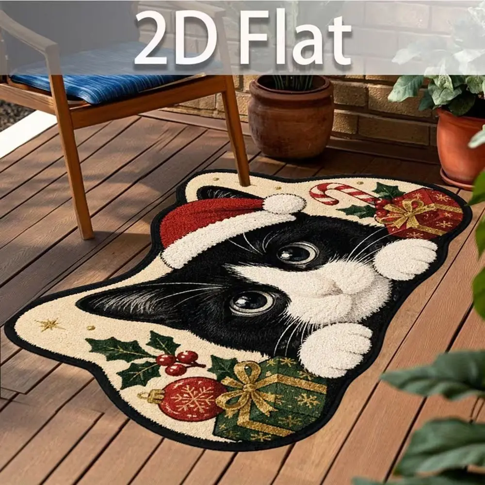 Cartoon Non-Slip Cat Area Rug Soft Anti-fouling Cartoon Carpet 2D-Flat 3D Pattern Christmas Door Mat for Living Room