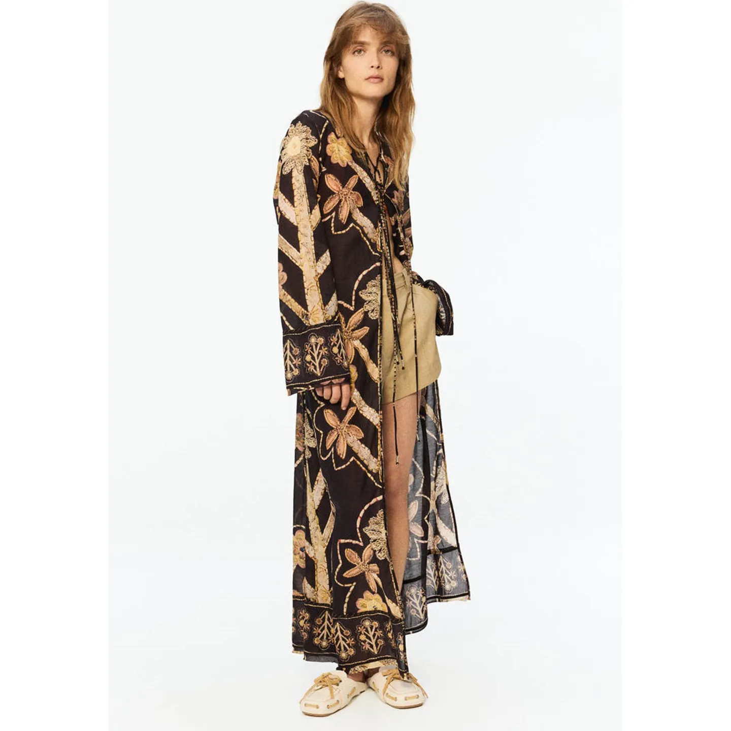 Summer New Women's Loose Fit round Neck Long Sleeve Ultra-Long Print Dress Vintage Style H-Shape Polyester Fiber City Commute