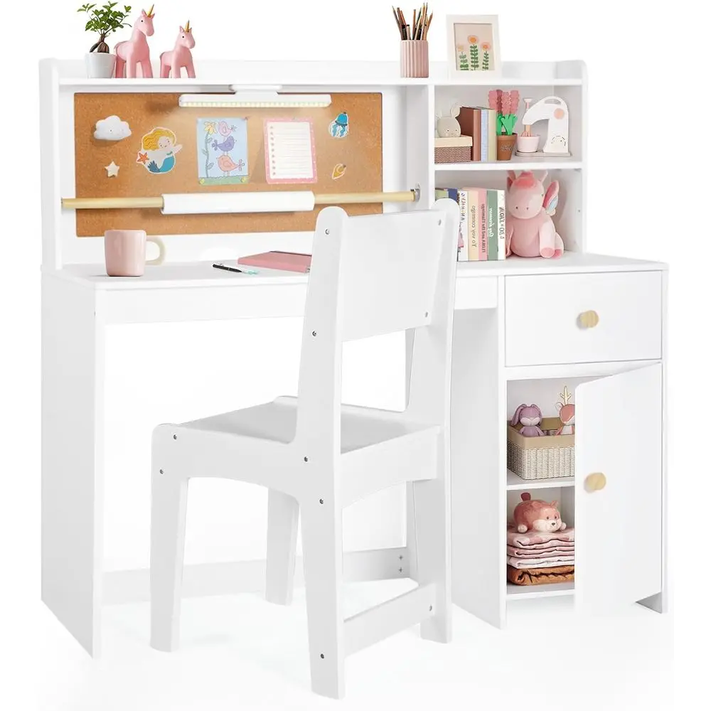 

Study Desk with Night Light, Drawing Paper Roll, Hutch & Storage Cabinet, Child's Table for 5-12 Year Olds