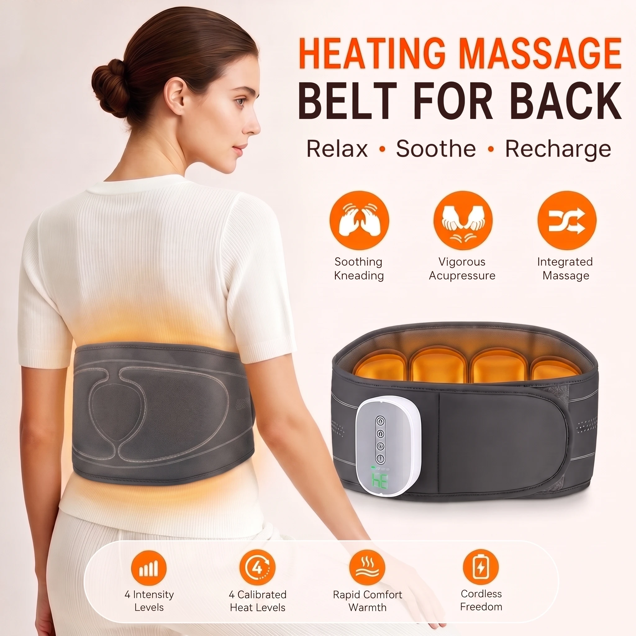 Cordless Airbag Massage Belt for Sports Relax, Heated Lumbar Back Brace with 4 Air Compression Modes, Wireless Rechargeable