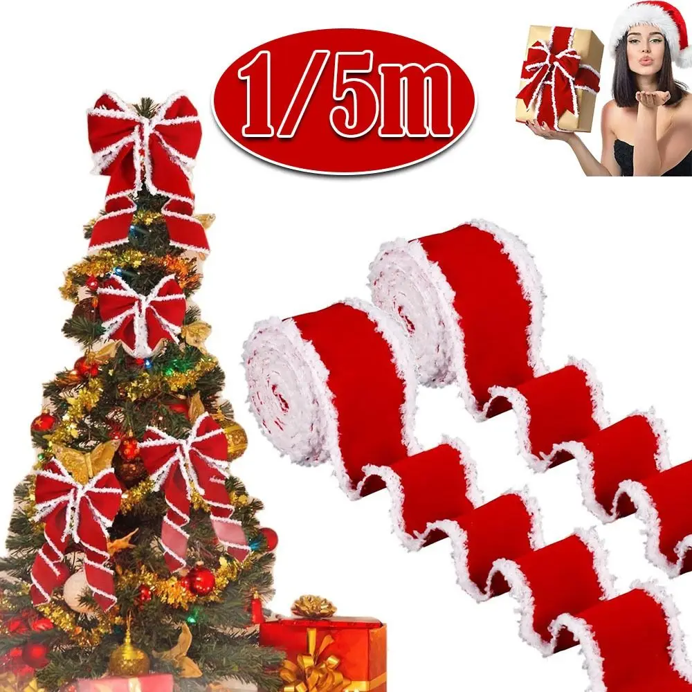 1/5m Christmas Decoration Red Ribbons DIY White Fur Edge Christmas Tree Decoration Ribbon 5cm Wide Wreath Bows
