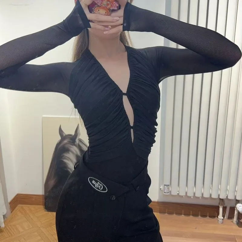 

волнистая пряжа по индивидуальному заказу, черная плиссированная пряжа с длинными рукавами, нерегулярная плиссированная пряжа с подушкой на груди, боди для латинских танцев, тренировочный топ