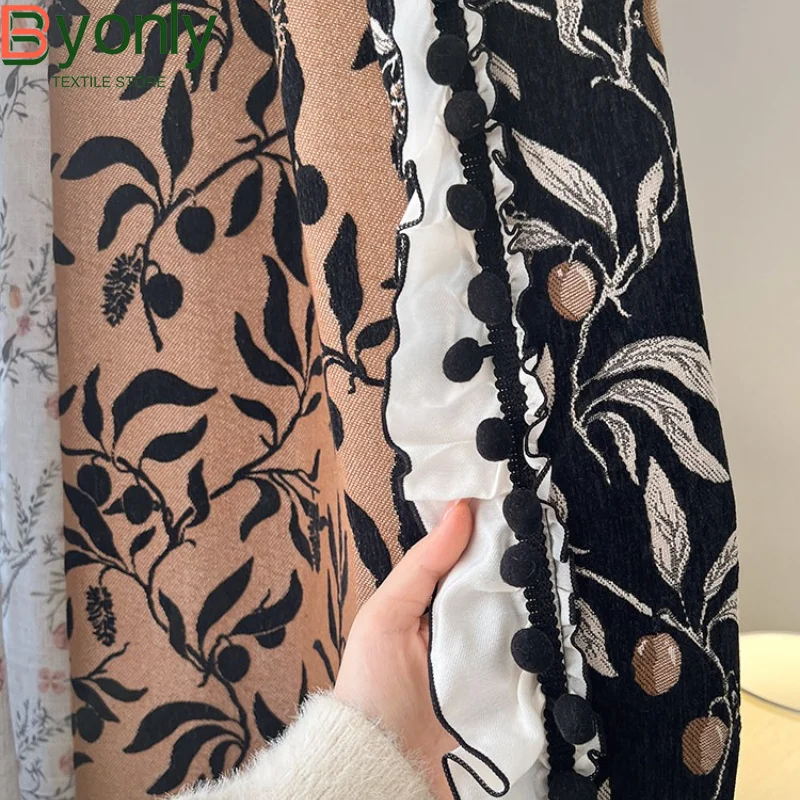 French Hawthorn Black and White Antique Jacquard Wood Ear Edge Splicing Curtains for Living Room Bedroom French Window Screen