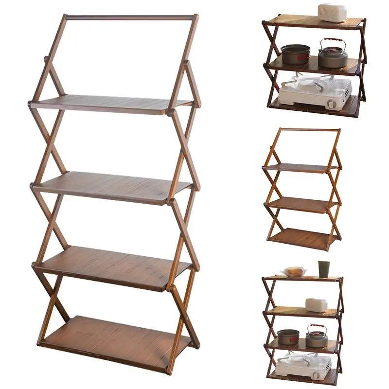 

Camping Bamboo Shelf Rack Foldable Kitchen Shelving Freestanding Outdoor Storage Rack portable table Flower Holder Shelves