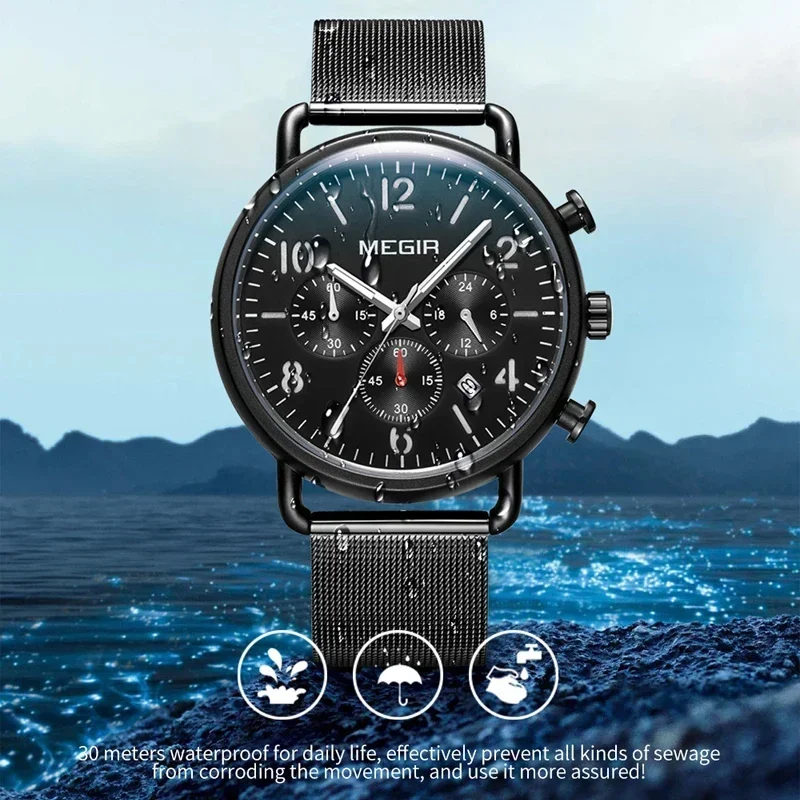 Megir moda casual relógio masculino marca superior de luxo malha aço à prova dwaterproof água relógio pulso quartzo esporte cronógrafo relógios