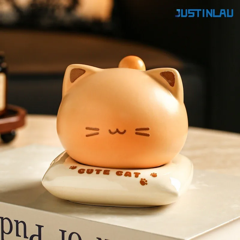 JUSTINLAU 9CM Cat Shaped Toothpick Box Ceramics Cotton Swab Dental Floss Storage Split-type Design Home Creative Ornaments