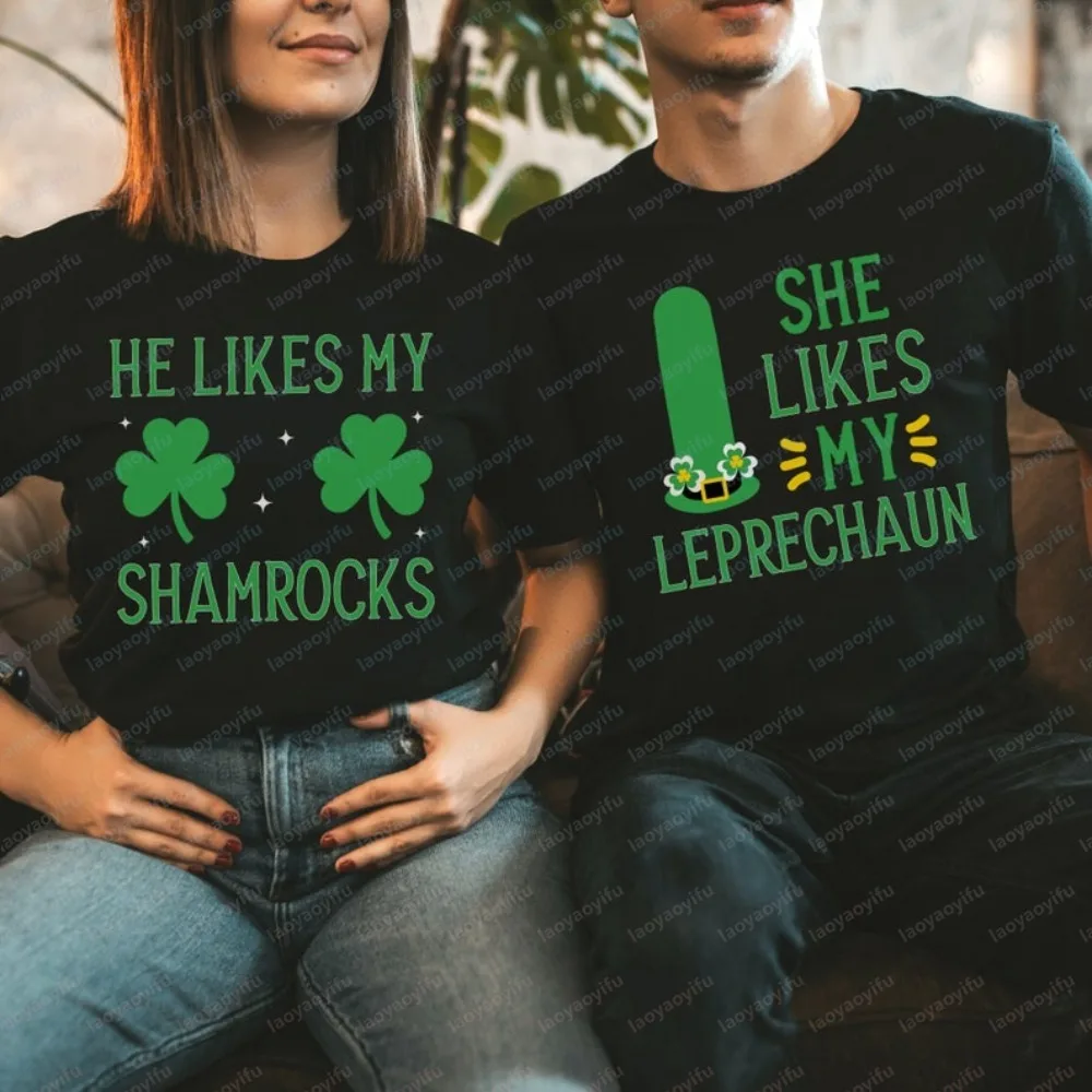 Funny St Patricks Day Couple Shirts Leprechaun Shamrock Matching Tees Irish Festival Holiday Party Cotton Tops His Her Outfits