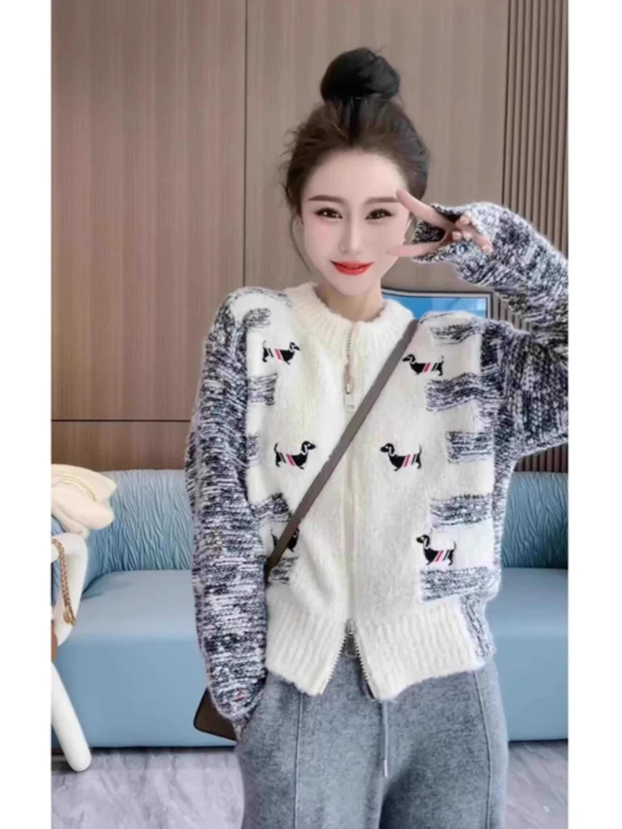 

Цветная блузка с вышивкой собаки, вязаный свитер на молнии, кардиган, женская осенне-зимняя длинная вязаная верхняя одежда све, молодежный дизайн