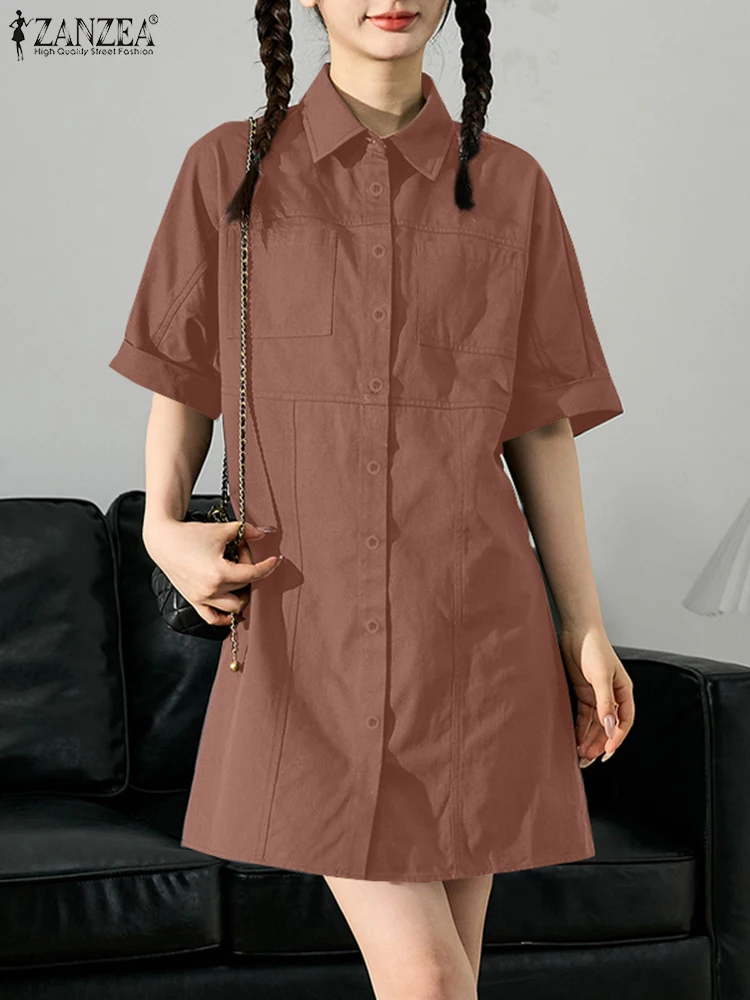 ZANZEA Half Sleeve Casual Mini Dress Solid Seam Detail Button Up Commute Vestidos 2025 Summer Turn-down Collar Women Shirt Dress