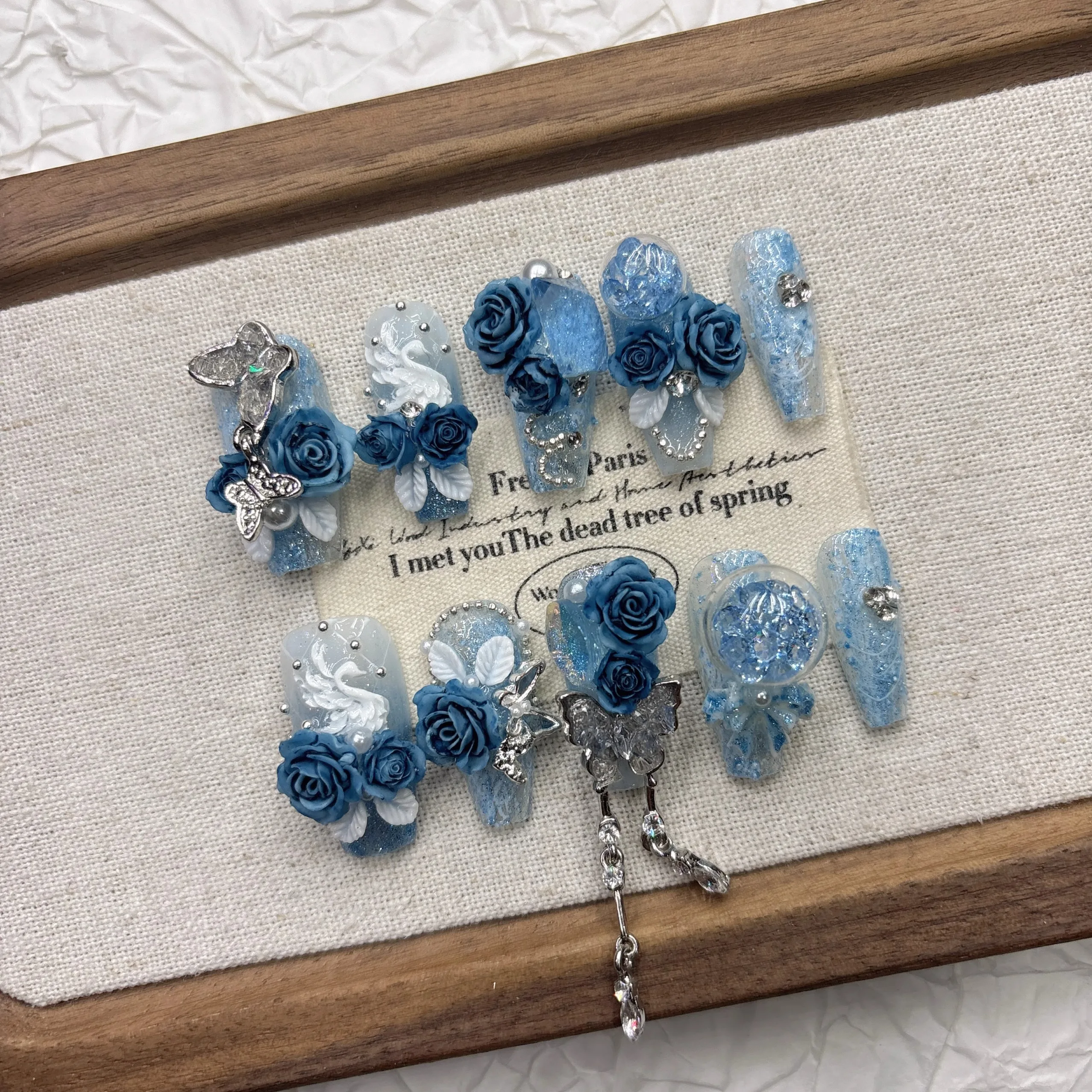 

Fairy Princess Gel Nails: 3D Blue Rose, Crystal Butterfly, Silver Chain on Ombre Ice Blue - Ultra Thin & Strong